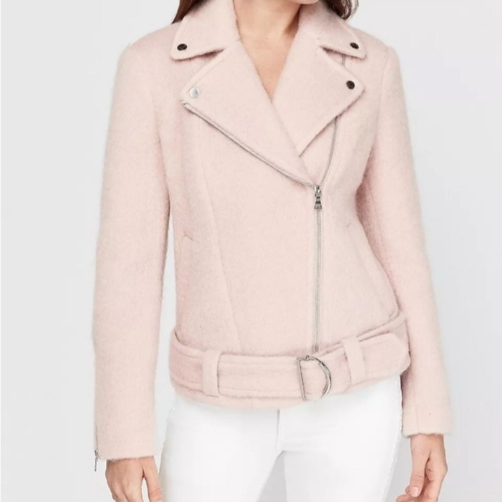 Express Pink Wool Blend Belted Moto Jacket Coat Medium - Picture 2 of 16